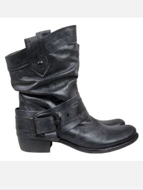 Spiral Leather Slouchy Biker Cowboy Boot Adjustable Harness Black Size 39